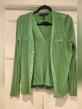 NWOT - White House Black Market Green Ribbed V-Neck Sweater and Cardigan Set